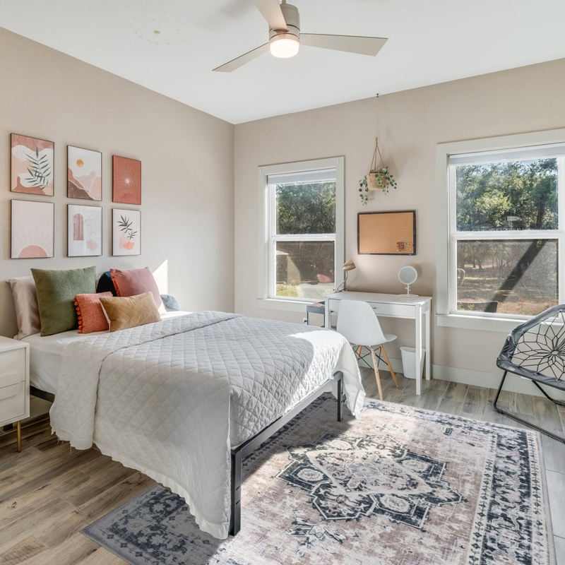 Area Rug with Distressed Medallion Pattern near Window Side Desk.