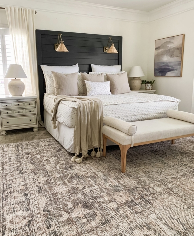 Area Rug with Faded Vintage Style and Black Shiplap Headboard.