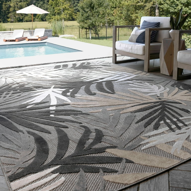 Area Rug with Oversized Floral Pattern, Gray and Beige Deck Rug