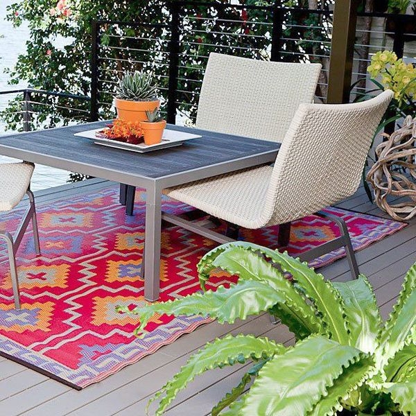 Area Rug with Vibrant Sunset Palette, Colorful Recycled Plastic Outdoor Rug