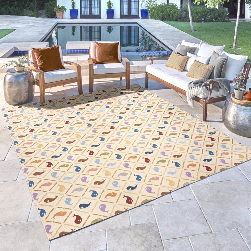 Area Rug with Whale Motif, Tropical Coastal Patio Rug