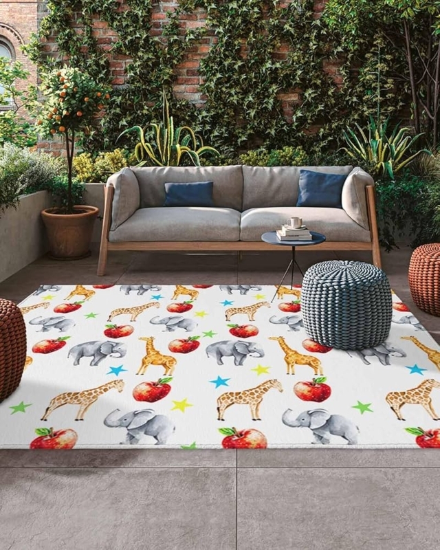Area Rug with Whimsical Starry Night Theme & Illustrated Animal Motifs