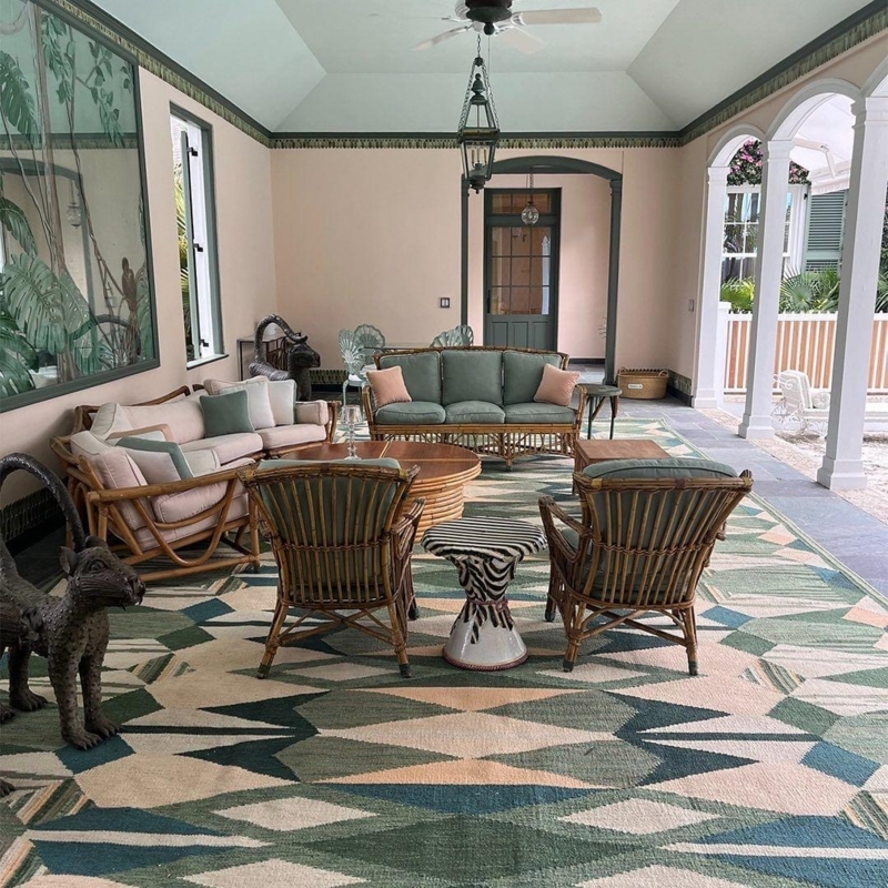 Area Rug with White Tassel Fringe, Blue Flatweave Patio Rug