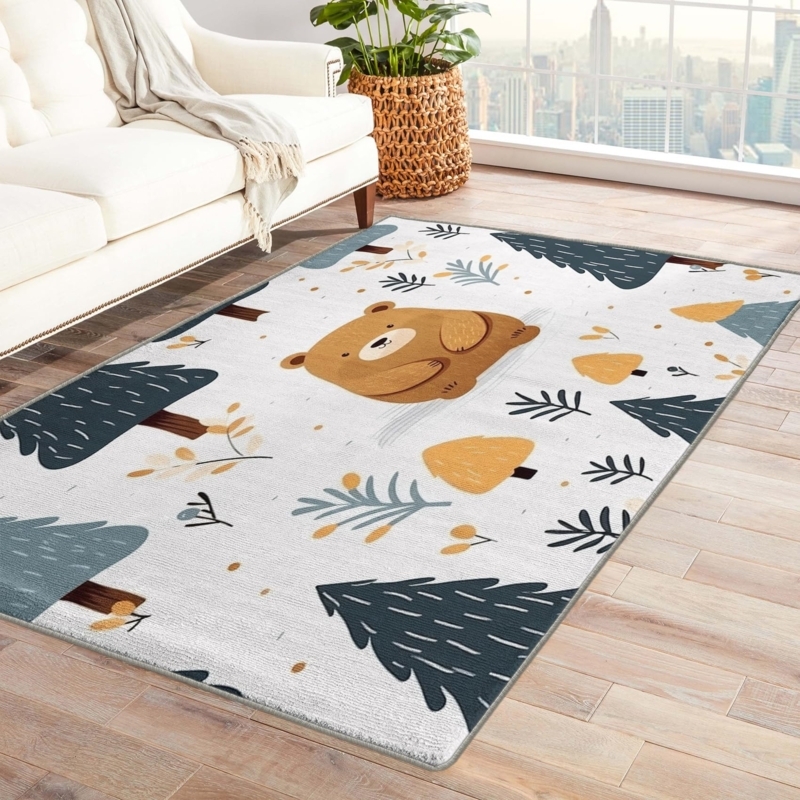 Area Rug Woodland Forest Theme Cute Bear Whimsical Nursery Decor