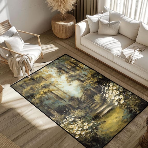 Area Rug, Woodland Path Floor Covering, Biophilic Forest Pattern, Serene