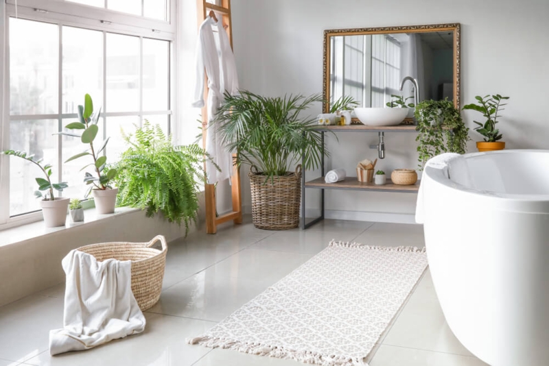 Area Rug: Woven Runner in Biophilic Spa-Like Bathroom with Plants