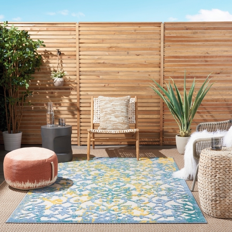 Area Rug: Yellow Palette, Scroll Pattern, High Low Pile, Vibrant Outdoor