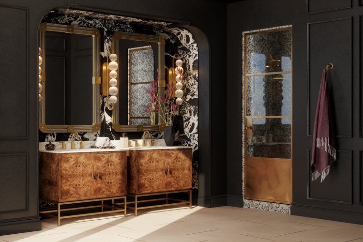 Art Deco Burl Wood Vanity set within an Arched Marble Alcove