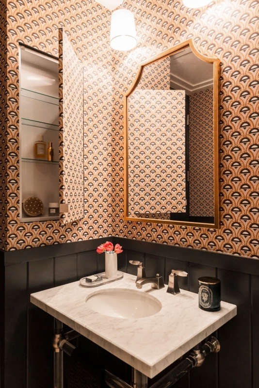 Art Deco Wallpaper Bathroom with Marble Top Console Vanity