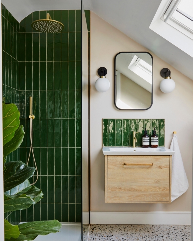 Attic Bathroom Design: Skylight Layout & Forest Green Vertical Tiles