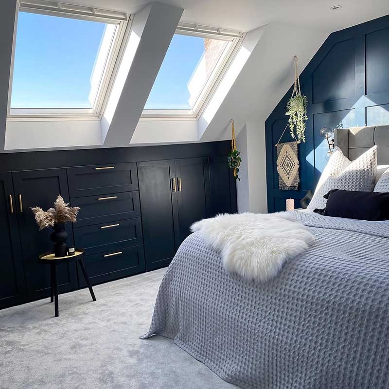 Attic Bedroom Decor with Navy Built-In Storage and Skylights