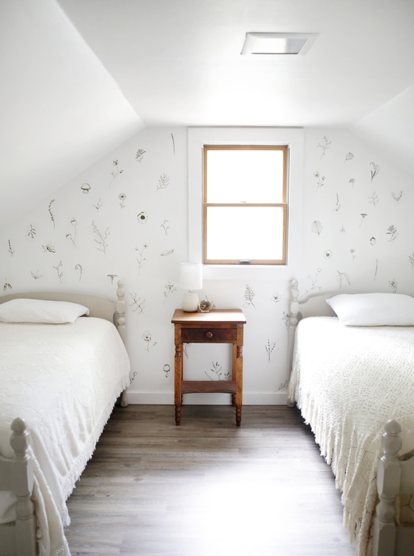 Attic Bedroom with Sloped Ceilings & Botanical Wall Decal Ideas