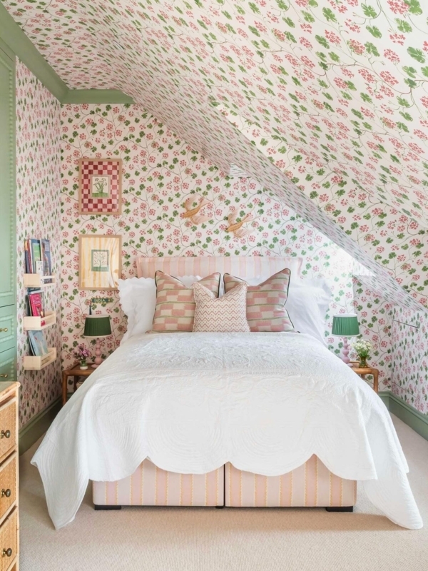 Attic Bedroom with Wallpapered Sloped Ceiling and Scalloped Quilt