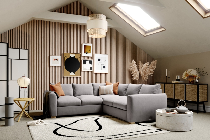 Attic Living Room Design with Vertical Wood Slat Wall and Skylights