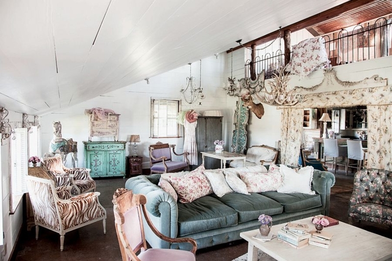 Attic Living Room with Tufted Green Sofa & Animal Print Chairs Styling