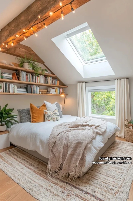 Attic Style Bedroom with Skylight, Sloped Ceiling, and Floating Shelves