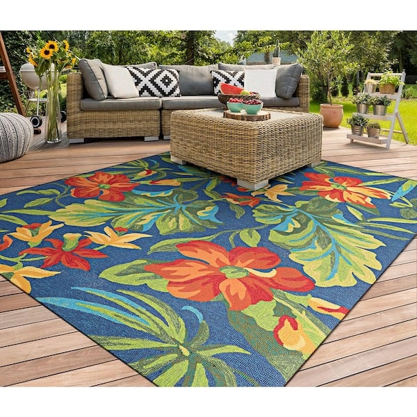 Azure Blue Area Rug Tropical Orchid Motif Maximalist Patio