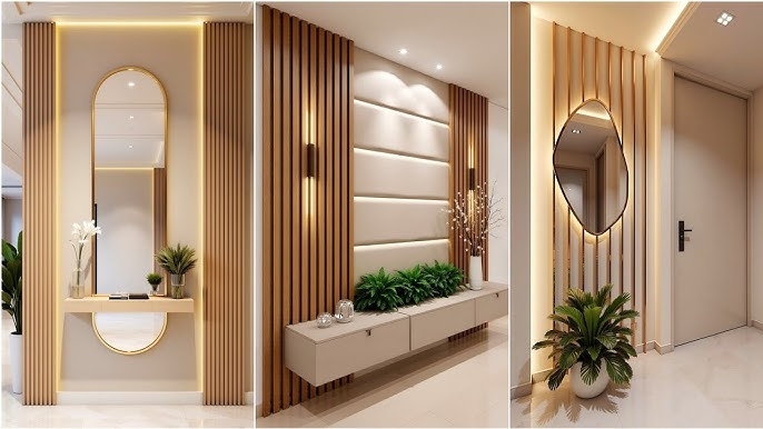 Backlit Entryway Mirror Design: Luxury Vertical Wood Slat Accent Wall