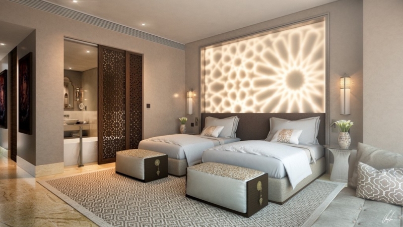 Backlit Geometric Wall Panel Headboard with Fretwork Sliding Door