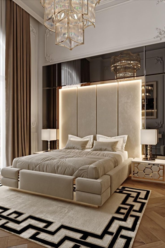 Backlit Headboard Bed with Mirror Wall Panels & Tiered Chandelier