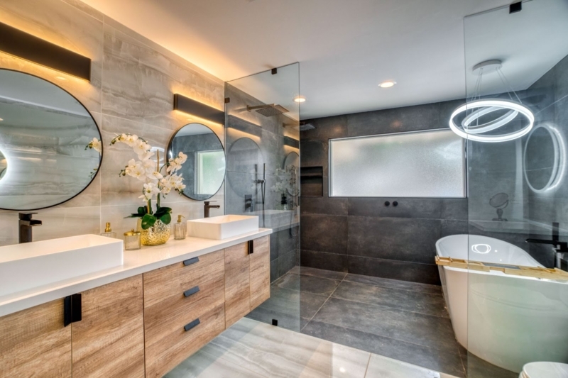 Backlit Round Bathroom Mirrors with Floating Wood Vanity