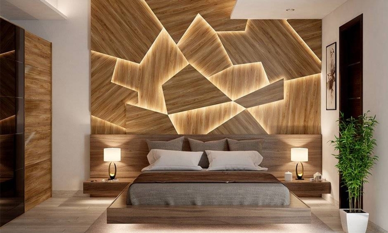 Backlit Wall Light Integrated LED Geometric Wood Paneling Modern