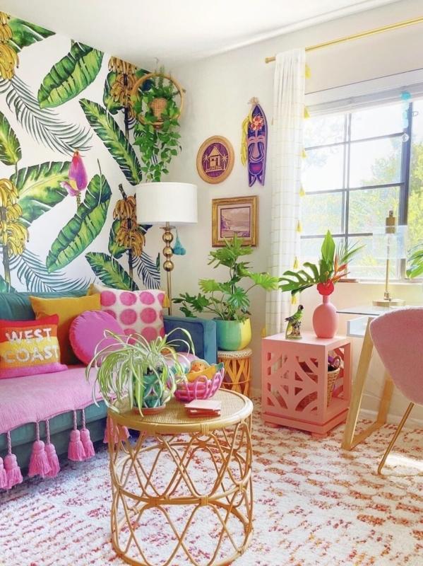 Banana Leaf Wallpaper and Rattan Drum Table in a Maximalist Room
