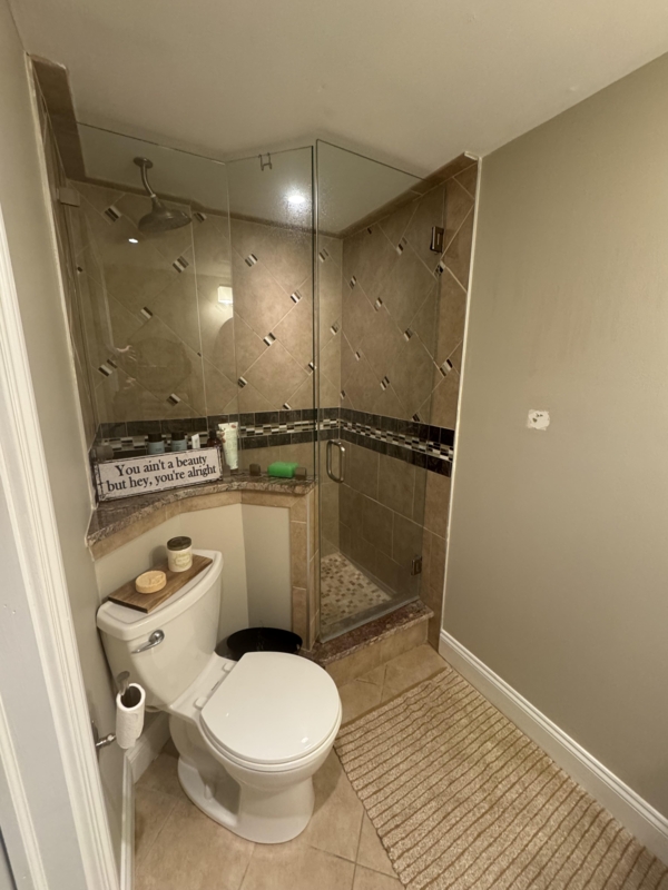 Basement Bathroom having Corner Glass Shower and Diagonal Tile Design