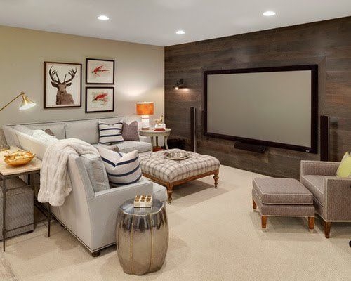 Basement Home Theater Design Ideas with Dark Wood Plank Media Wall