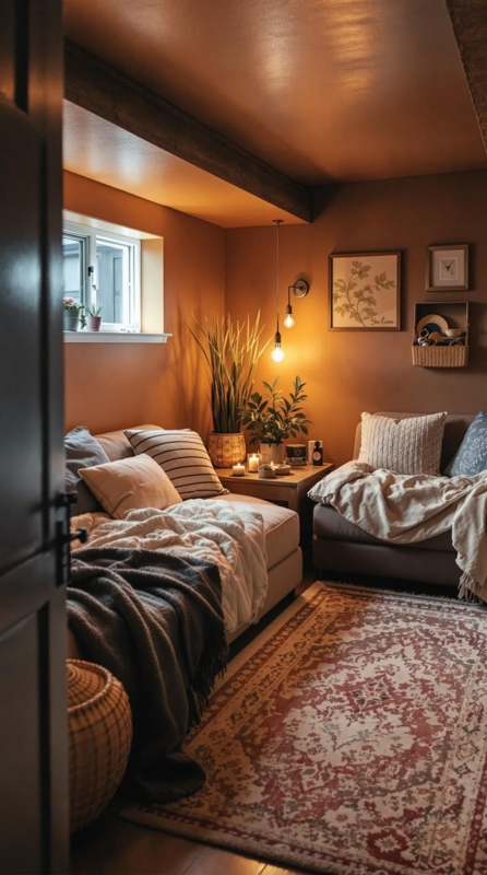 Basement Lounge with Terracotta Walls and Exposed Ceiling Beam