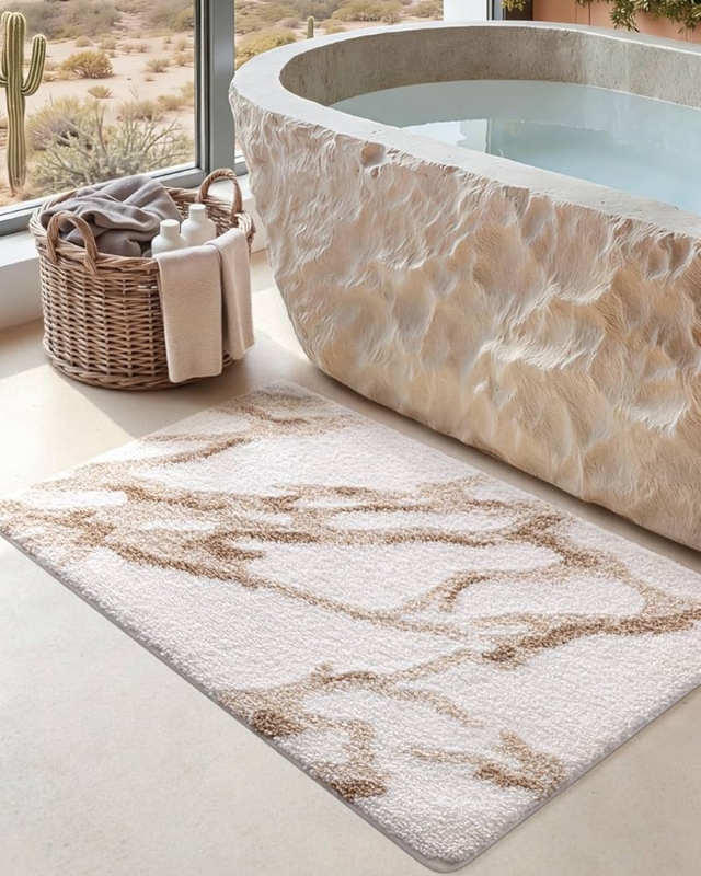 Bath Mat: Plush Absorbent Fabric, Beige Marble Pattern