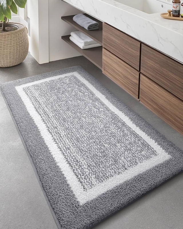 Bath Rug: Grey Shaggy Microfiber Runner with White Border Design