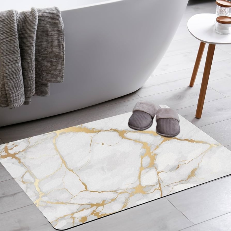 Bath Rug: White & Gold Geometric Veins Marble Print
