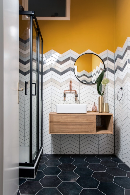 Bathroom: Bold Mustard Yellow Wall Paint with Multi-Toned Chevron Tile