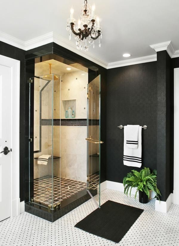 Bathroom Chandelier Lighting Ideas in Dark Wallpaper Walk-In Shower