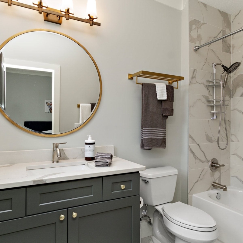 Bathroom Charcoal Grey Vanity Ideas: Gold Round Mirror Styling