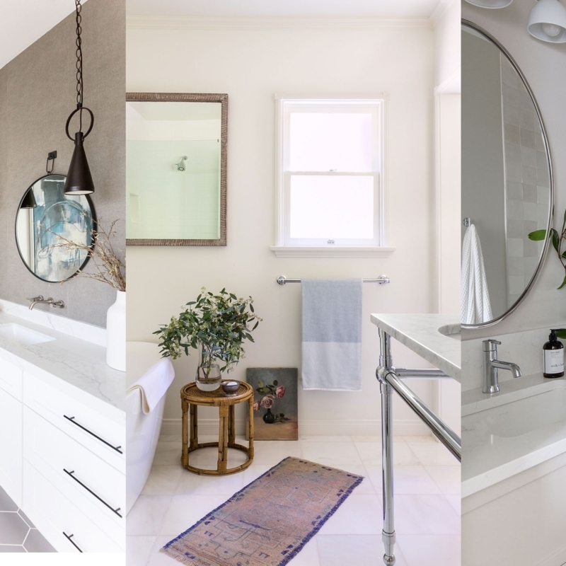 Bathroom Collage, Rattan Side Table, Textured Wall, Neutral Spa Design