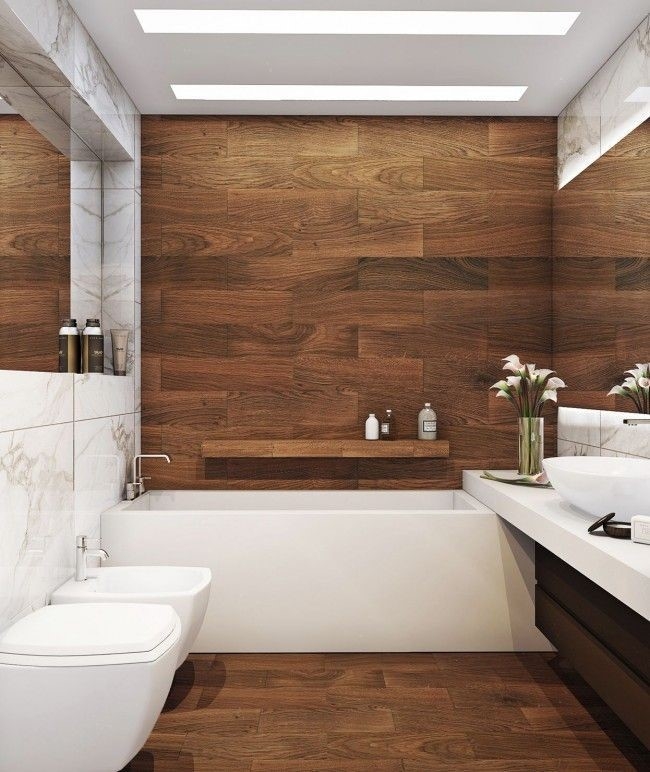 Bathroom Design Brown and White with Seamless Wood Paneling