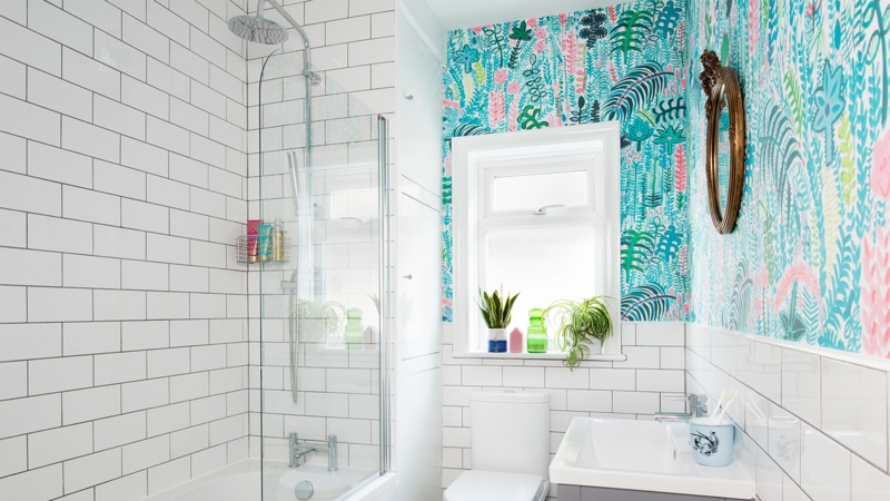 Bathroom Design with Botanical Wallpaper and Subway Tile Wainscoting