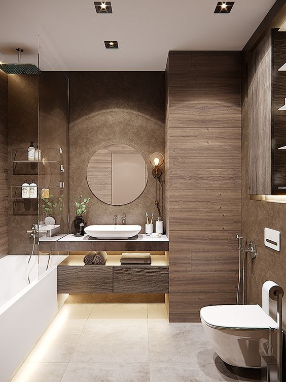 Bathroom Design with Wood Look Wall and Floating Vanity Vessel Sink