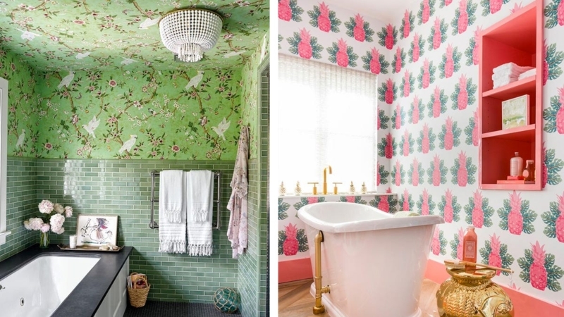 Bathroom Featuring Vibrant Botanical Wallpaper and Whimsical Decor
