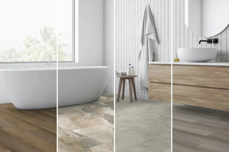 Bathroom Flooring Options Graphic: Freestanding Tub and Floating Vanity