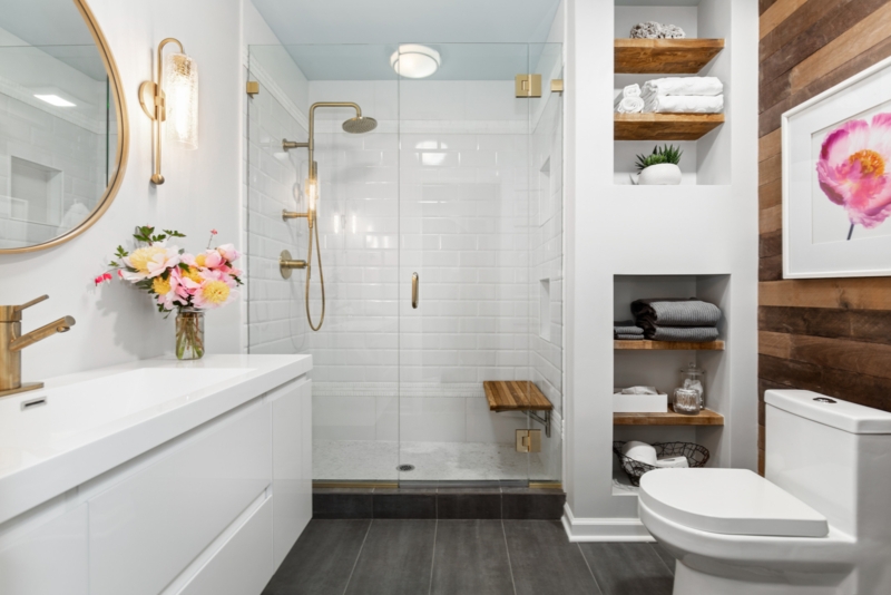 Bathroom Layout with walk-in shower and built-in recessed shelving.