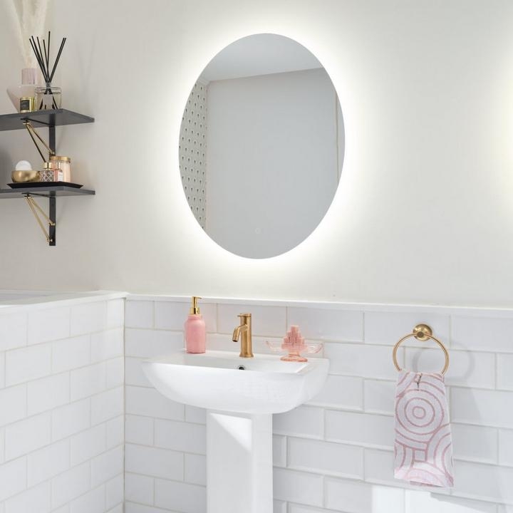 Bathroom Mirror, Backlit Oval Bathroom Mirror Pedestal Sink Gold