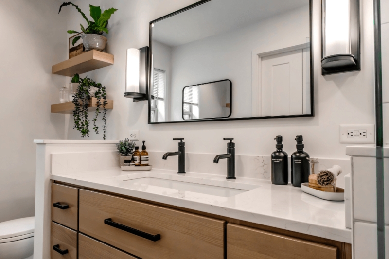 Bathroom Mirror With Sconces, Black Framed Light Wood Vanity