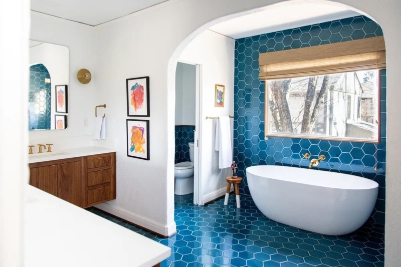 Bathroom: Modern Coastal Design with Vibrant Teal Hexagonal Tile Wall