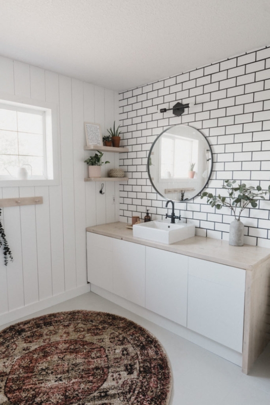 Bathroom: Modern Subway Tile with Black Grout and Vertical Shiplap Walls