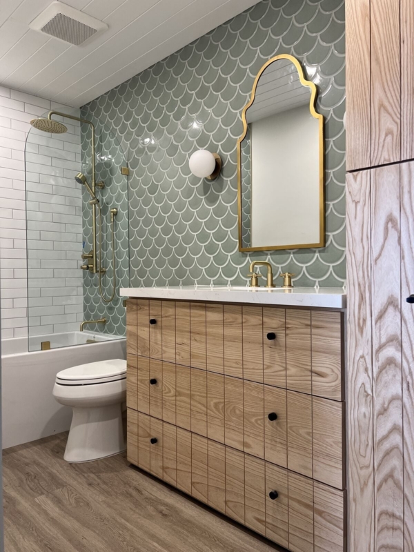 Bathroom: Organic Modern Style with Green Scallop Tile Accent Wall