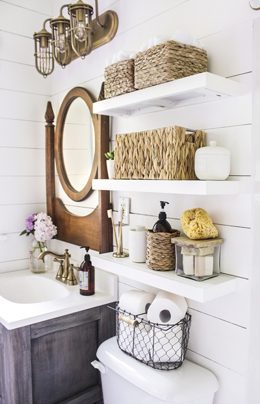 Bathroom Over Toilet Storage: Shiplap Floating Shelves
