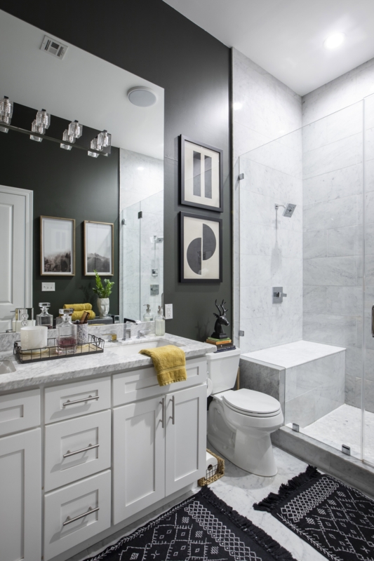 Bathroom Rug: Textured Geometric Mats near Dark Accent Wall & Shower
